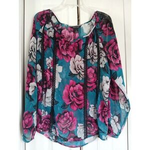White House Black Market Floral Blouse Pink Women  Lace Semi Sheer  LARGE